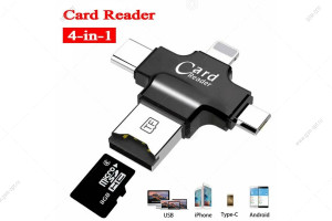 Картридер адаптер (Card Reader) OTG 4 в 1, Micro-USB, Type-C, Apple 8-pin - MicroSD, черный